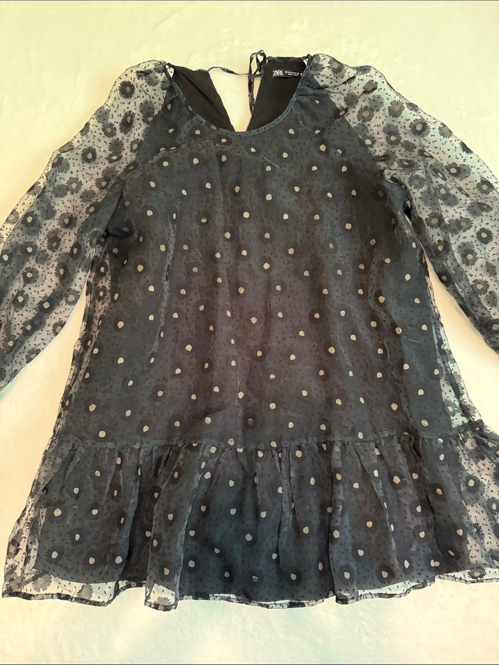 Zara Babydoll Black Daisy Mini Dress with Sheer Sleeves